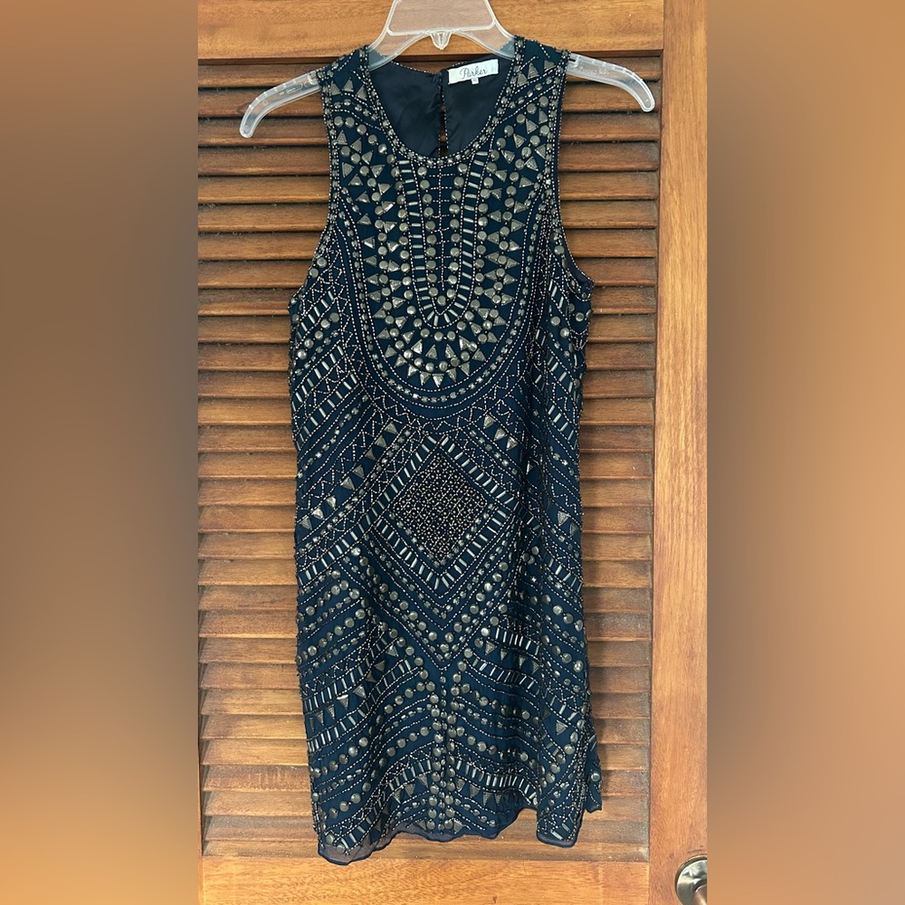 PARKER Navy Silk Mini Cocktail Gatsby Dress w Beading & Gold Studded Accents XS